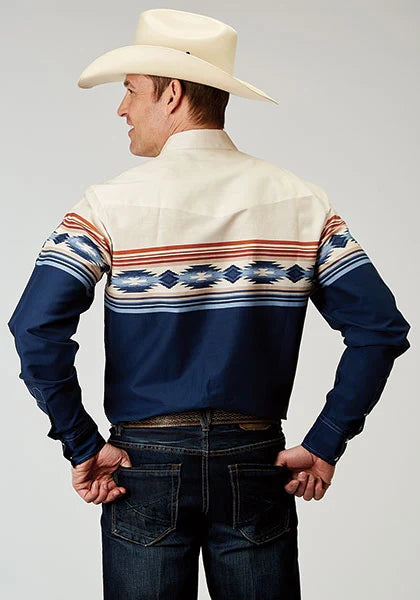 Roper 1906 Distressed Aztec Border (Navy) - Men's Western Shirt