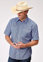 Roper 1932 Blue Skies Tie Print (Blue) - Men's Short Sleeve Shirt