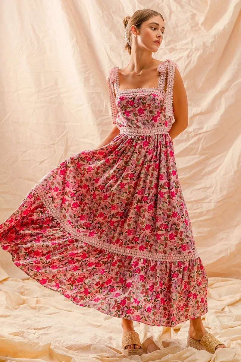 SO ME | Floral Ruffled Maxi Dress with Adjustable Ribbon Tie Straps
