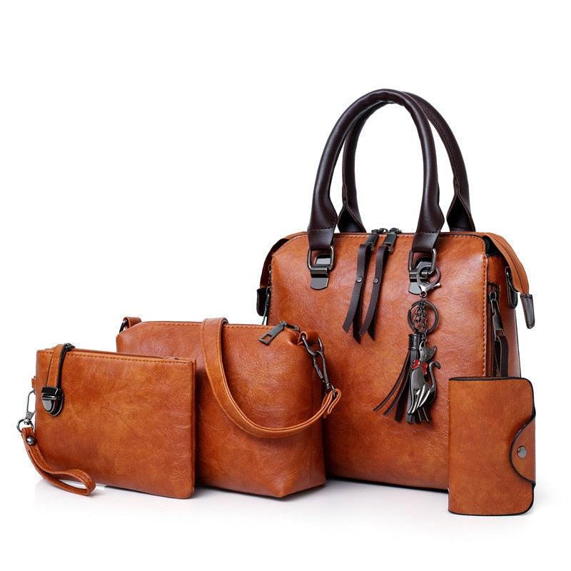 Vintage Leather 4-Piece Messenger Bag Set | Luxury Leather Tote, Clutch & Wallet Set