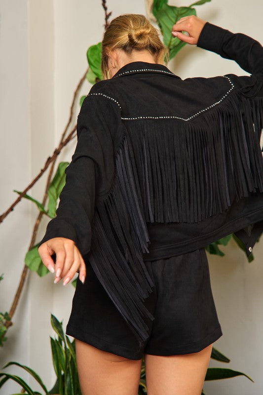 Jade by Jane Studded Fringe Faux Suede Jacket