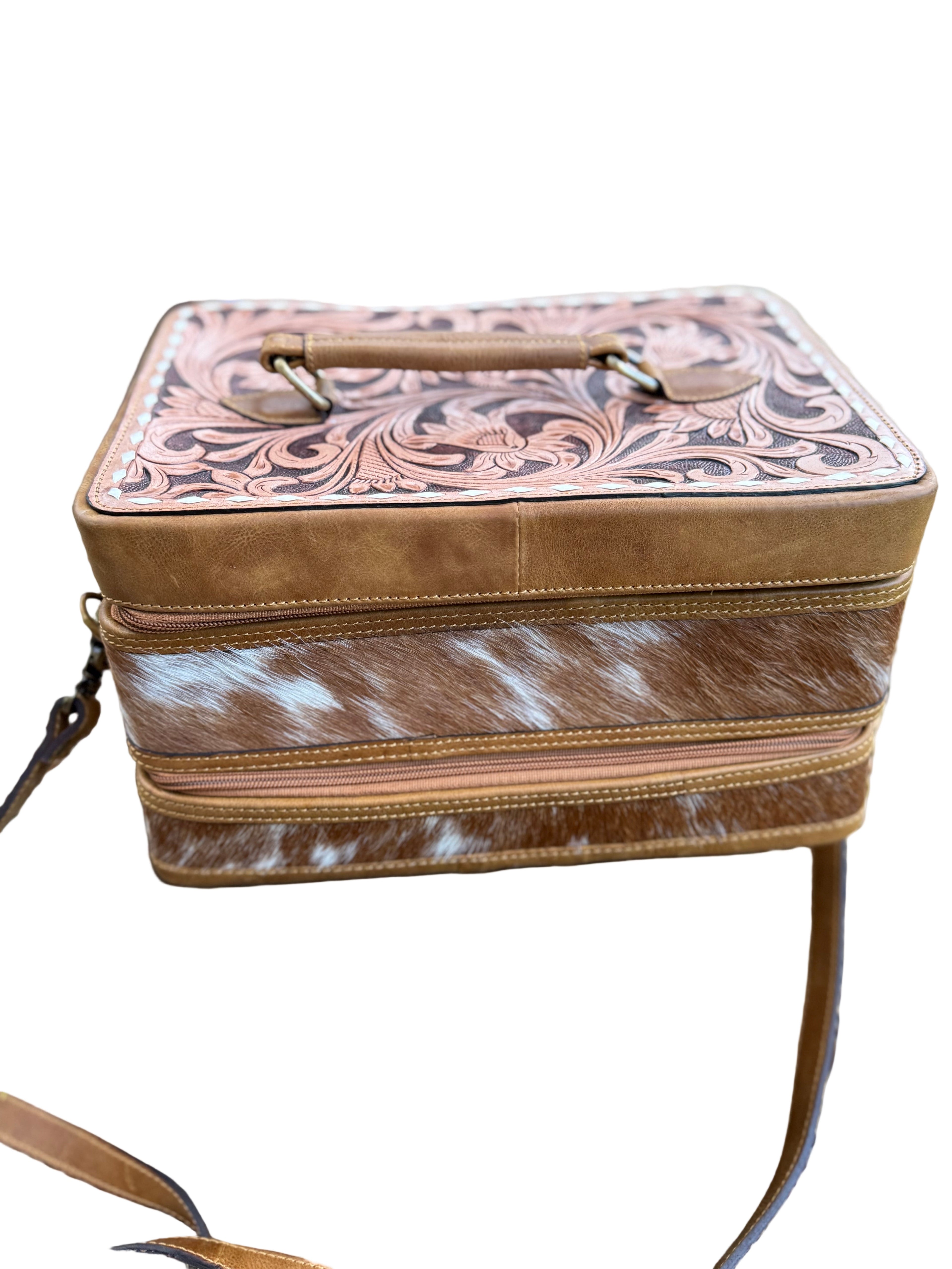The Double Decker in Tan | Large Tan and White Cowhide and Tooled Leather Jewelry Case