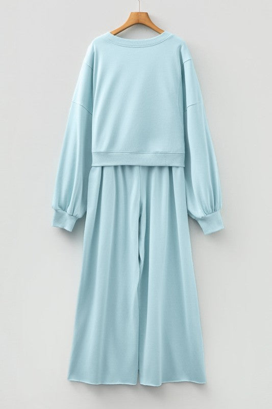 Solid Puff Sleeve Top and Drawstring Pants Set