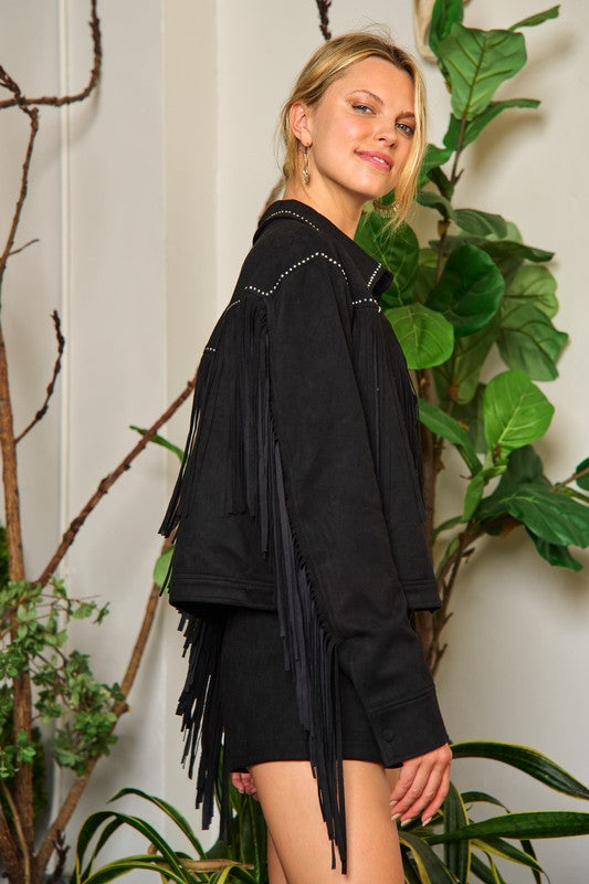 Jade by Jane Studded Fringe Faux Suede Jacket