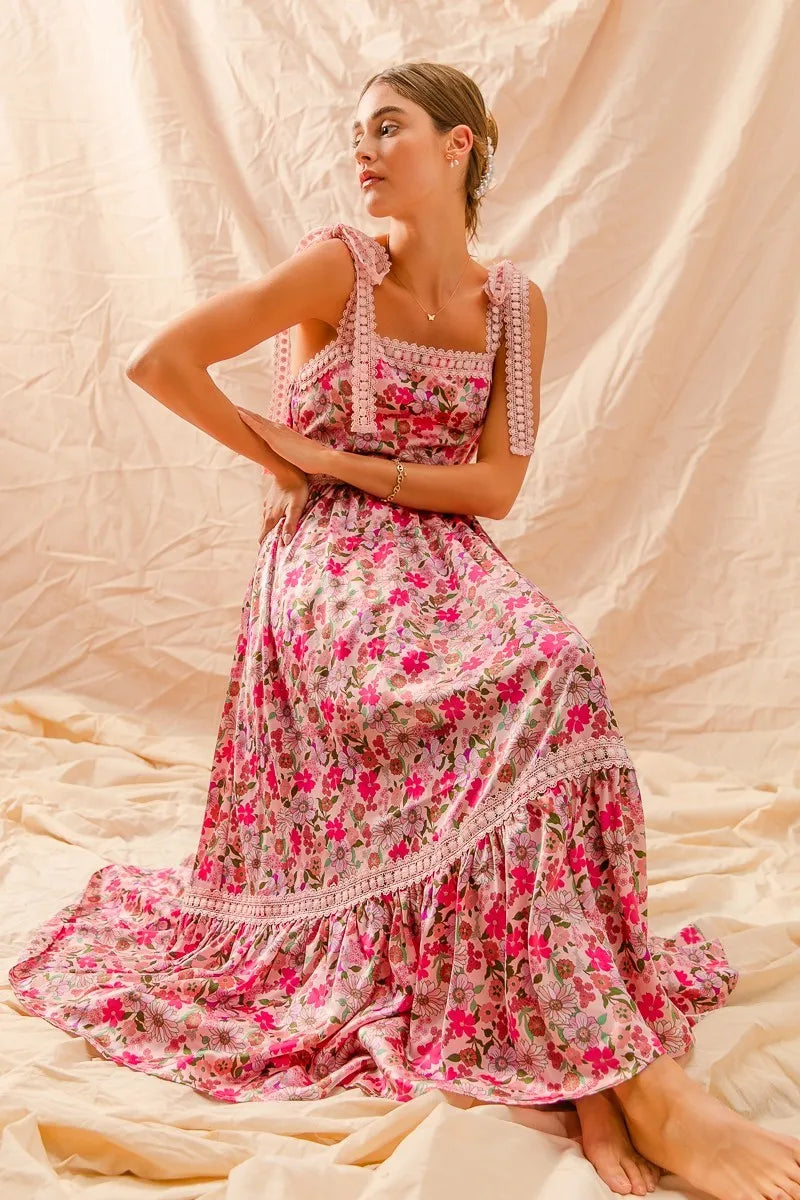SO ME | Floral Ruffled Maxi Dress with Adjustable Ribbon Tie Straps