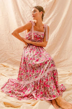 SO ME | Floral Ruffled Maxi Dress with Adjustable Ribbon Tie Straps