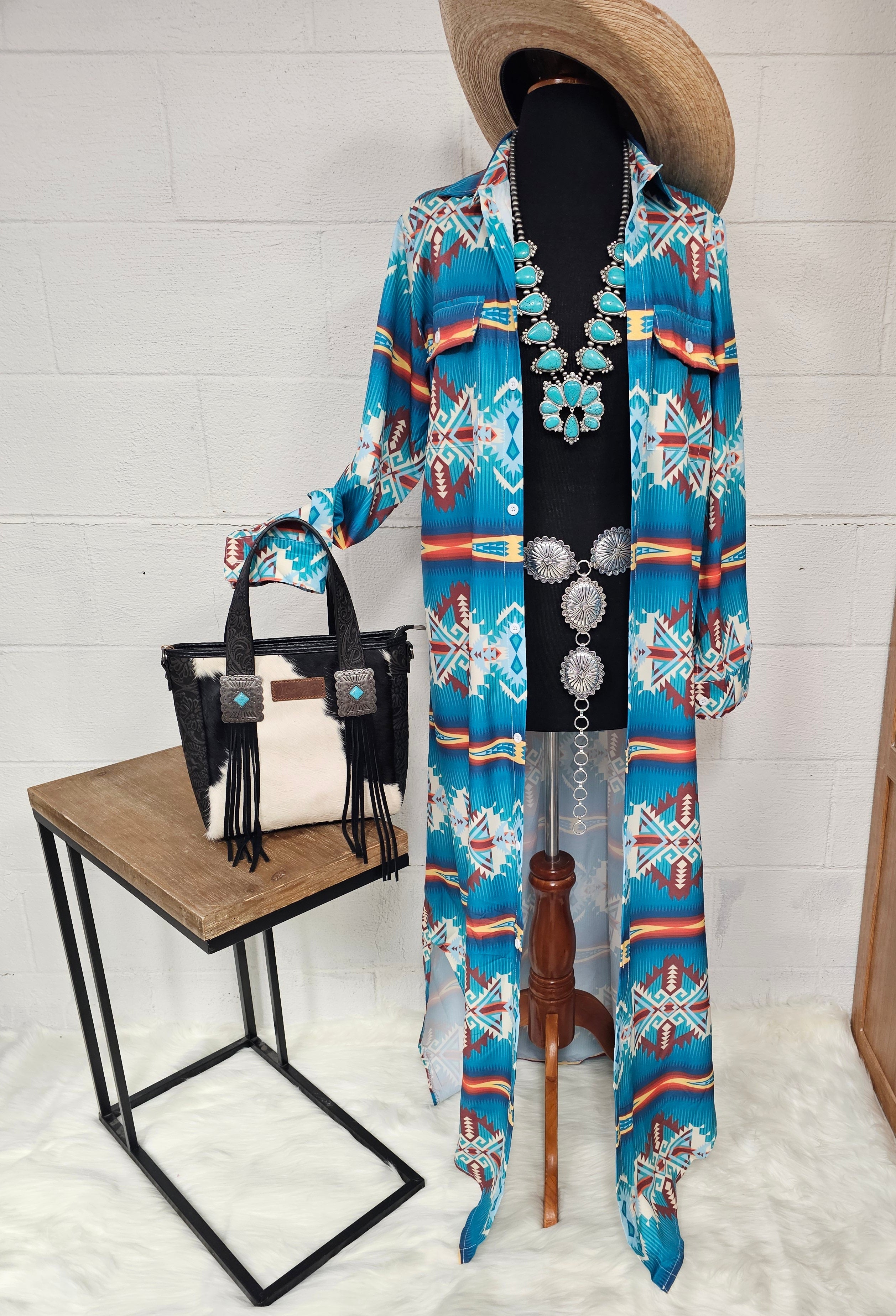 Baha Ranch Teal Aztec Long Shirt Dress Duster