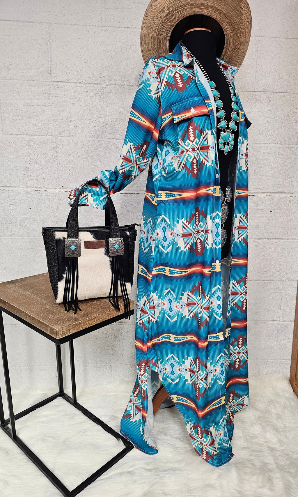 Baha Ranch Teal Aztec Long Shirt Dress Duster