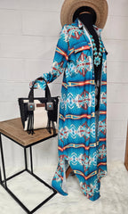 Baha Ranch Teal Aztec Long Shirt Dress Duster