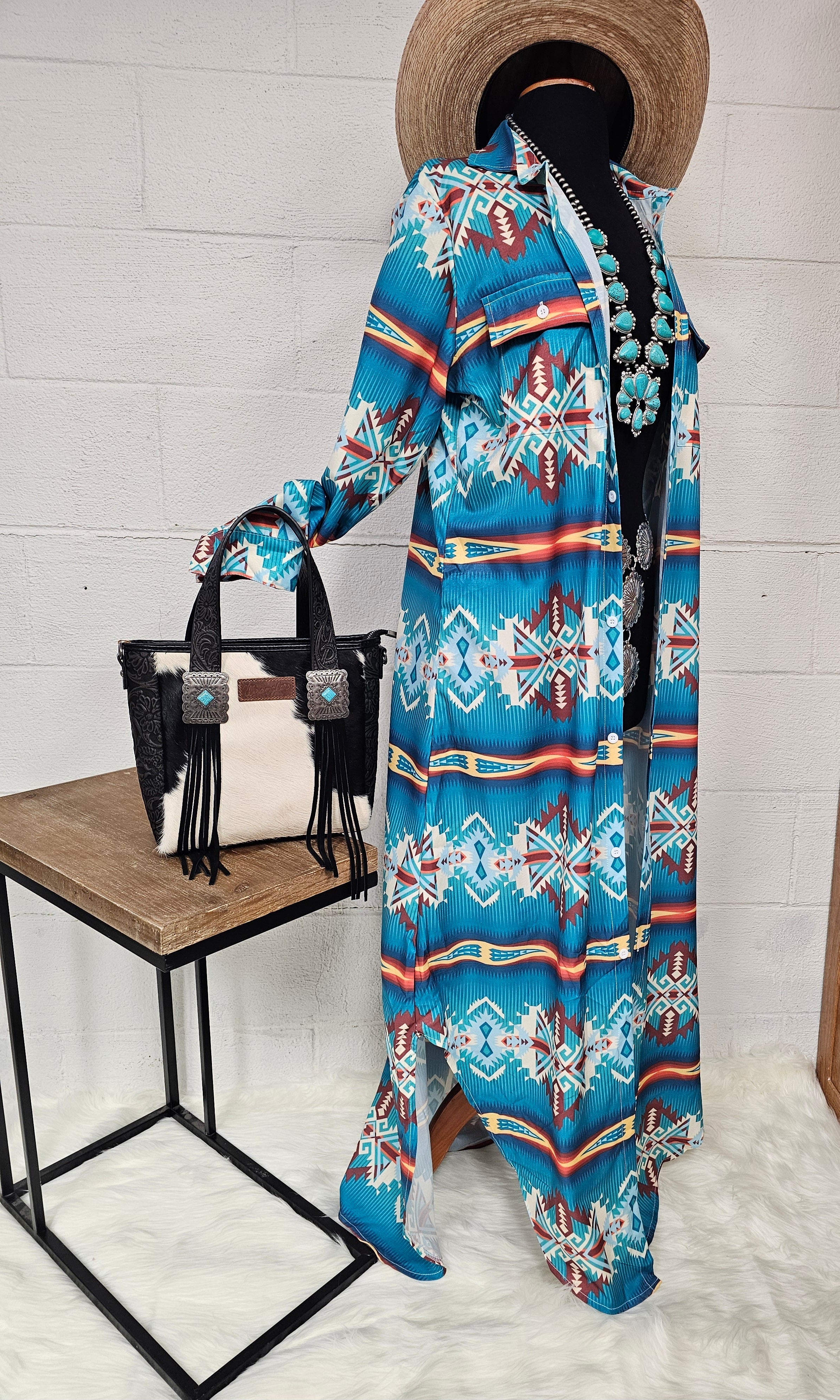 Baha Ranch Teal Aztec Long Shirt Dress Duster