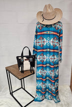 Baha Ranch Teal Aztec Long Shirt Dress Duster