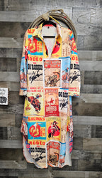 Baha Ranch Vintage Rodeo Poster Button-Up Long Sleeve Shirt Duster Dress