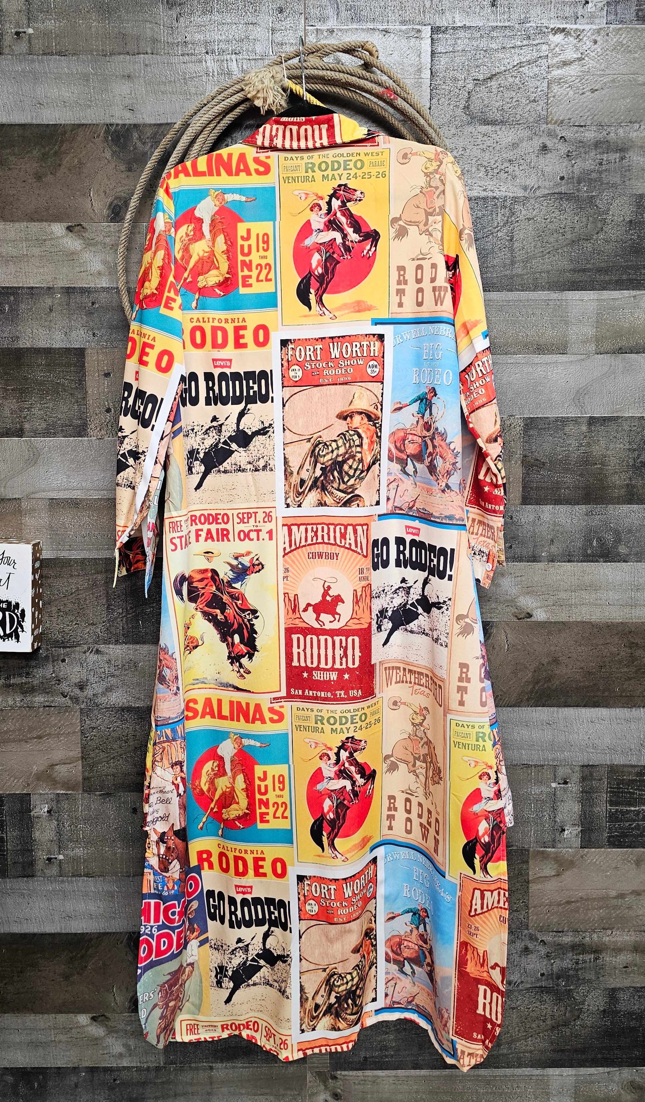 Baha Ranch Vintage Rodeo Poster Button-Up Long Sleeve Shirt Duster Dress