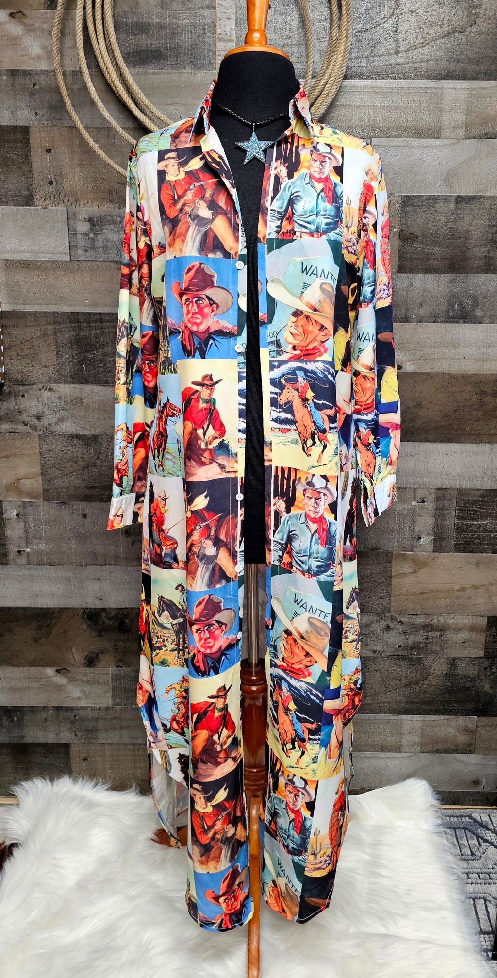 Baha Ranch Cowboy Collage Western Shirt Dress Duster