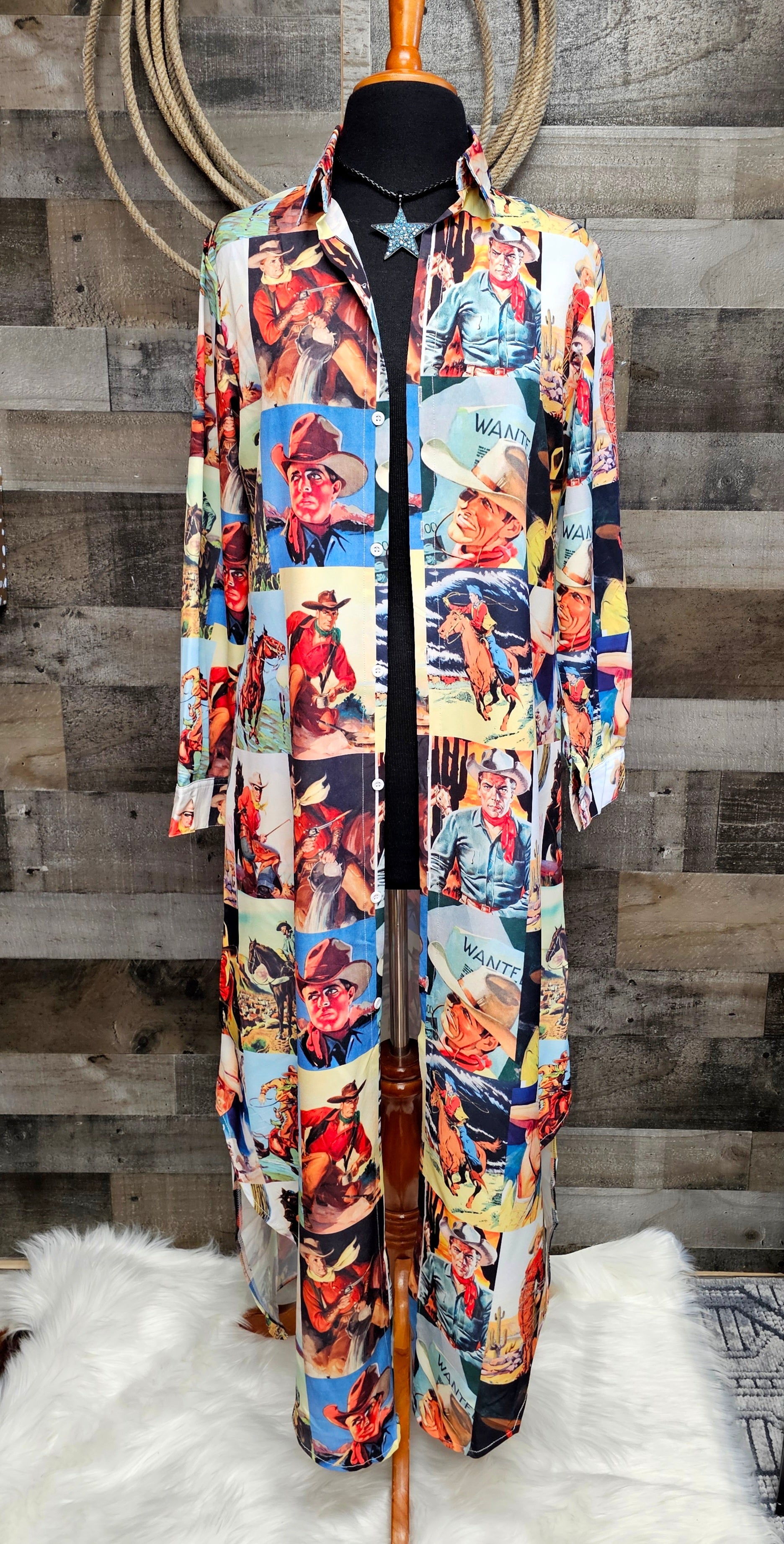 Baha Ranch Cowboy Collage Western Shirt Dress Duster