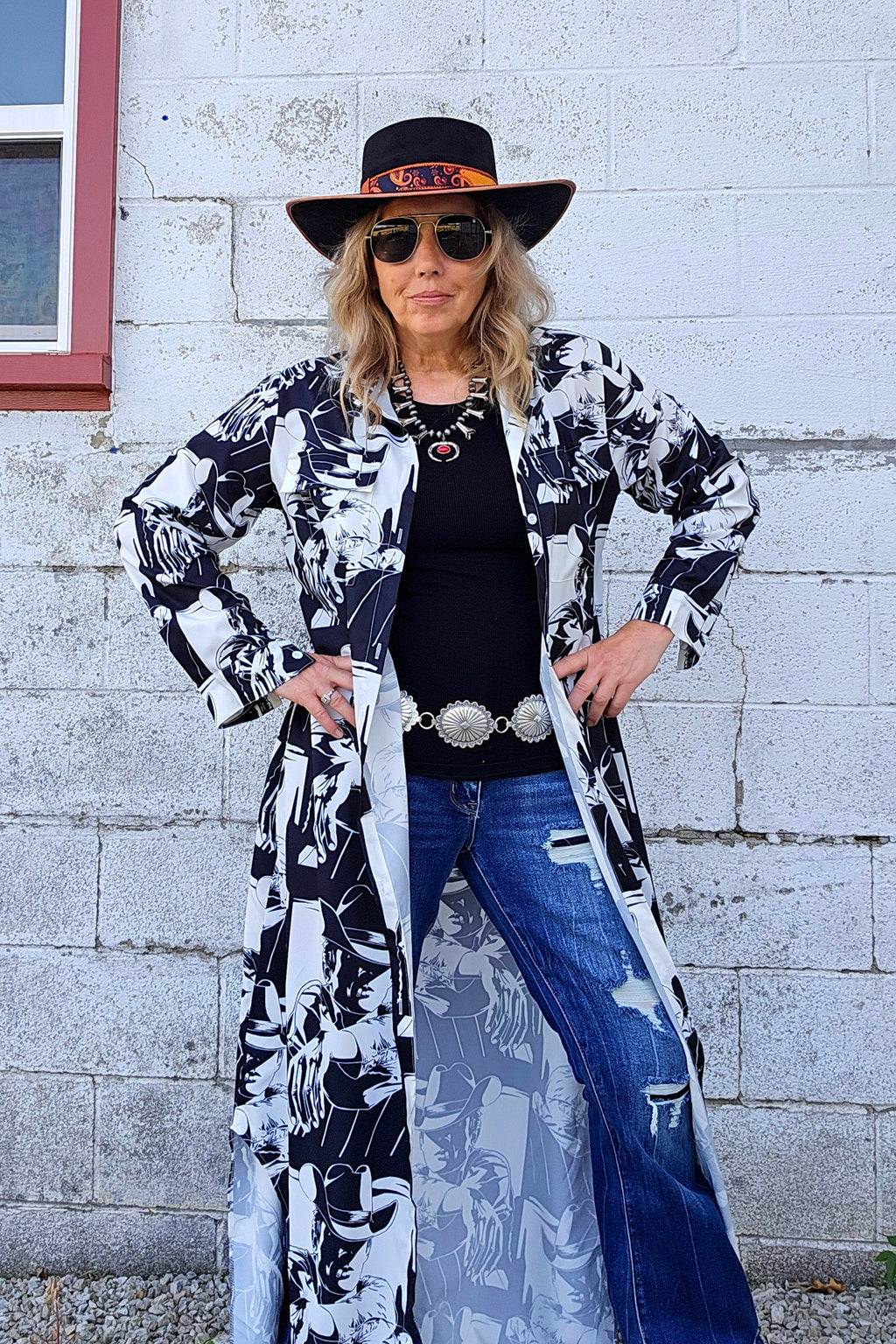 Baha Ranch Black White Cowboy Western Duster Dress