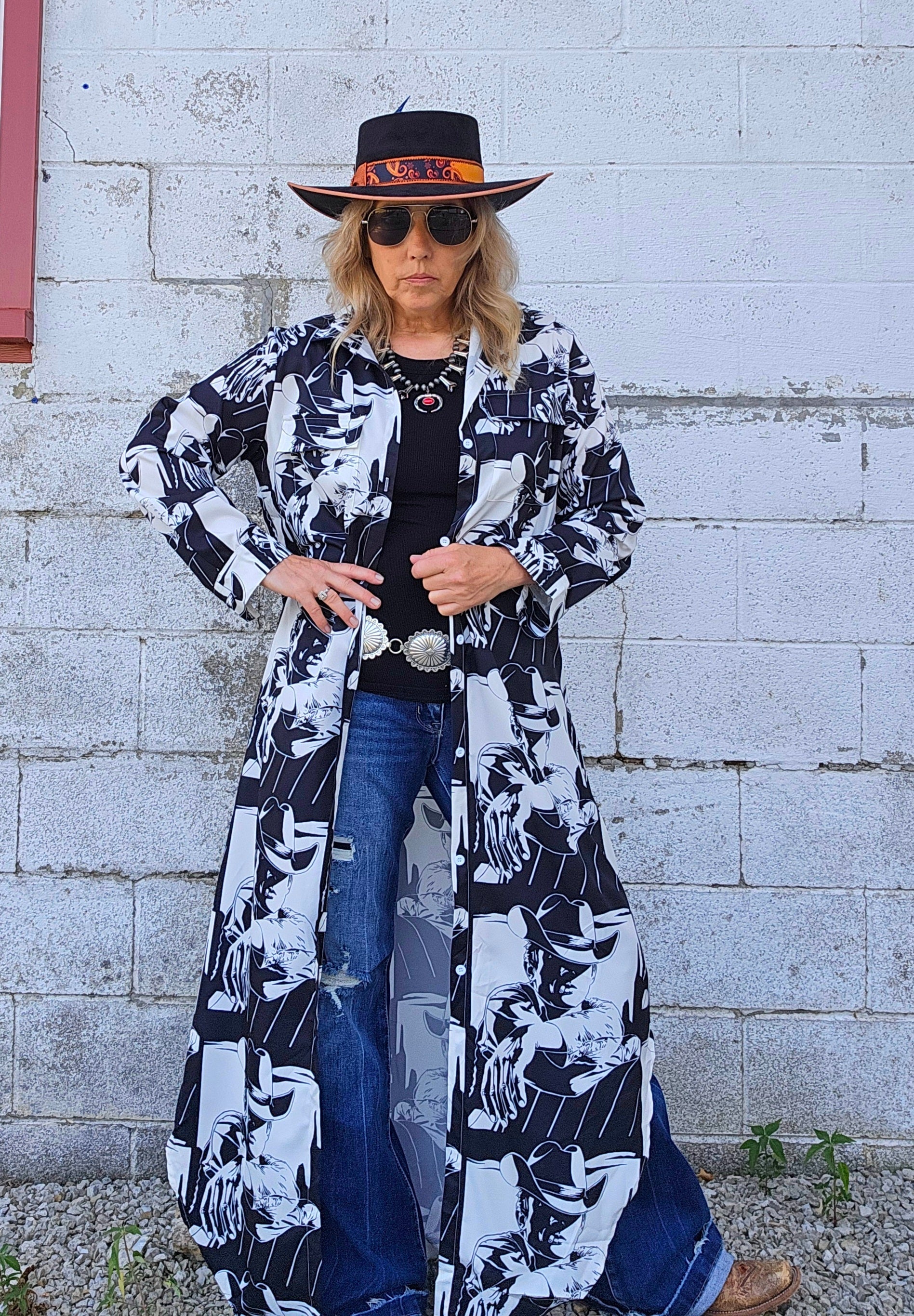 Baha Ranch Black White Cowboy Western Duster Dress