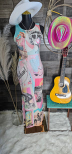 Baha Ranch Retro Pop Western Bodycon Side Slit Maxi Dress