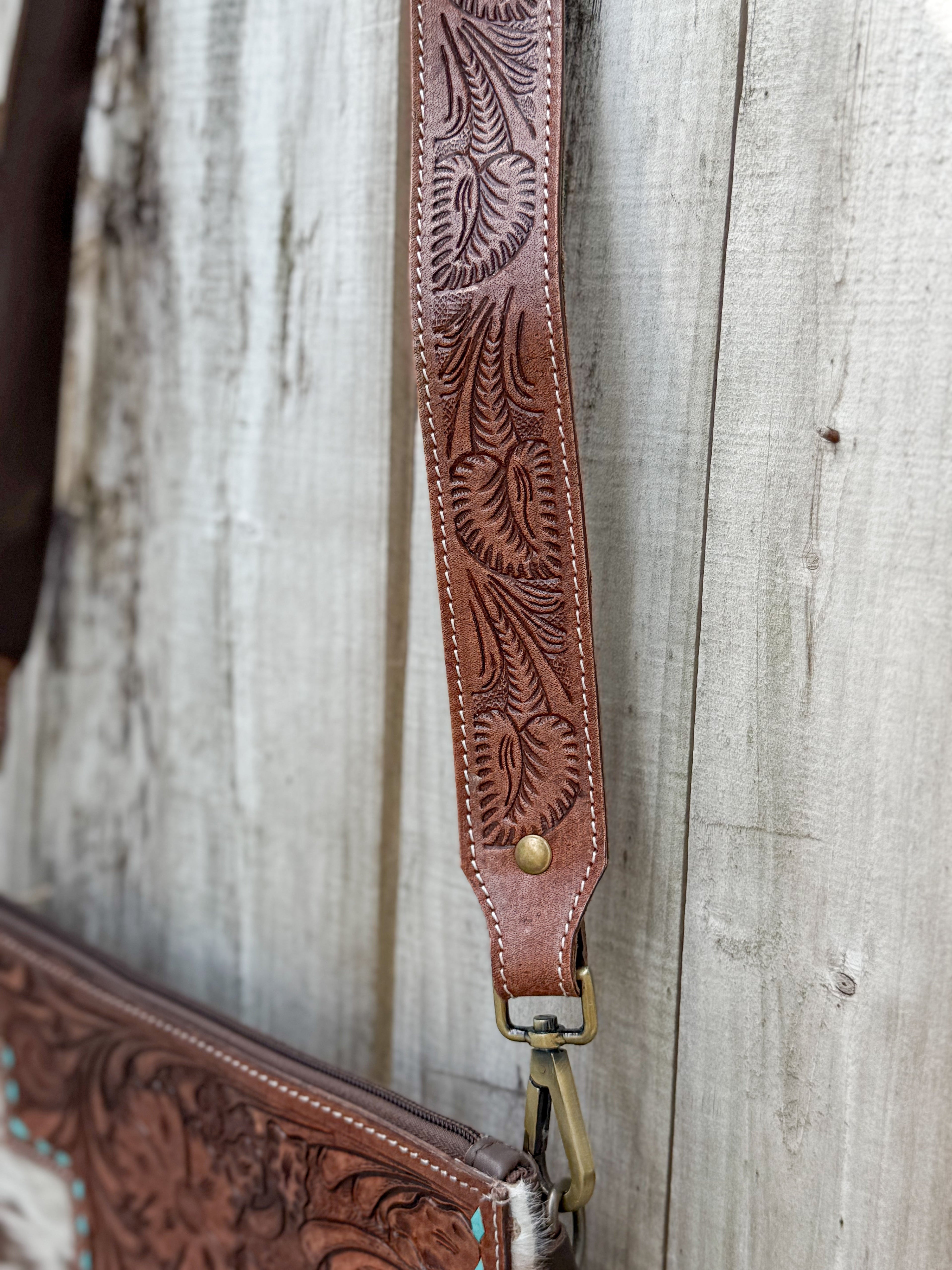 Southwestern Cowhide Fringe Crossbody Bag | Tooled Leather Western Purse