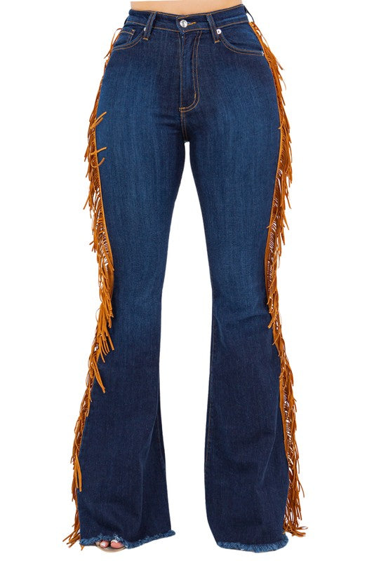 GJG Denim Fringe Bell Bottom in Dark Blue
