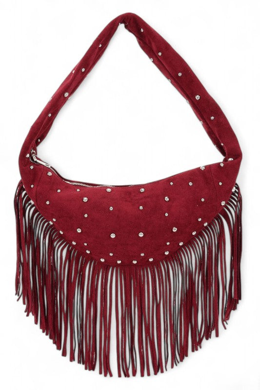 Boho Fringe Faux Suede Hobo Bag – Studded Fashion Handbag