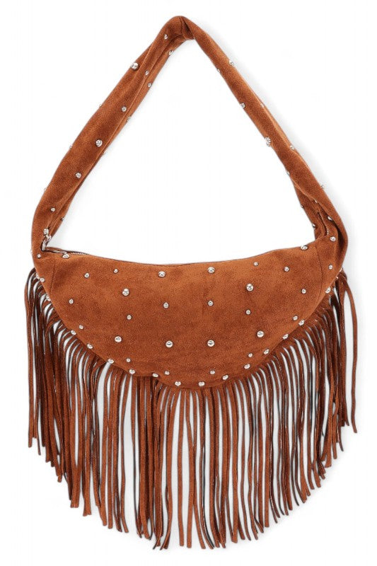 Boho Fringe Faux Suede Hobo Bag – Studded Fashion Handbag