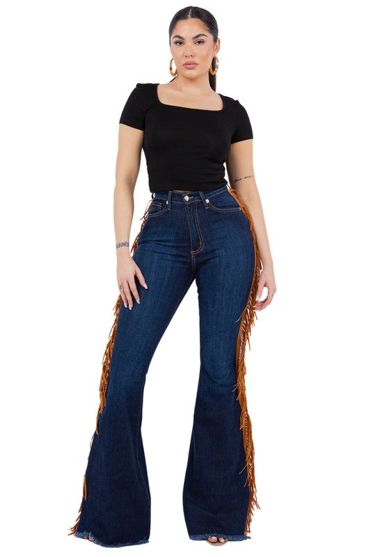 GJG Denim Fringe Bell Bottom in Dark Blue