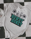 Howdy Honey Floral Graphic on Gildan Dry Blend Ash Shirt – Graphic Tee, Long Sleeve & Crewneck.
