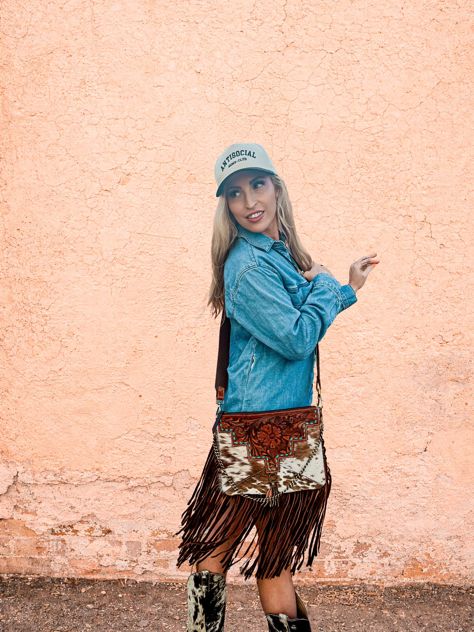 Southwestern Cowhide Fringe Crossbody Bag | Tooled Leather Western Purse