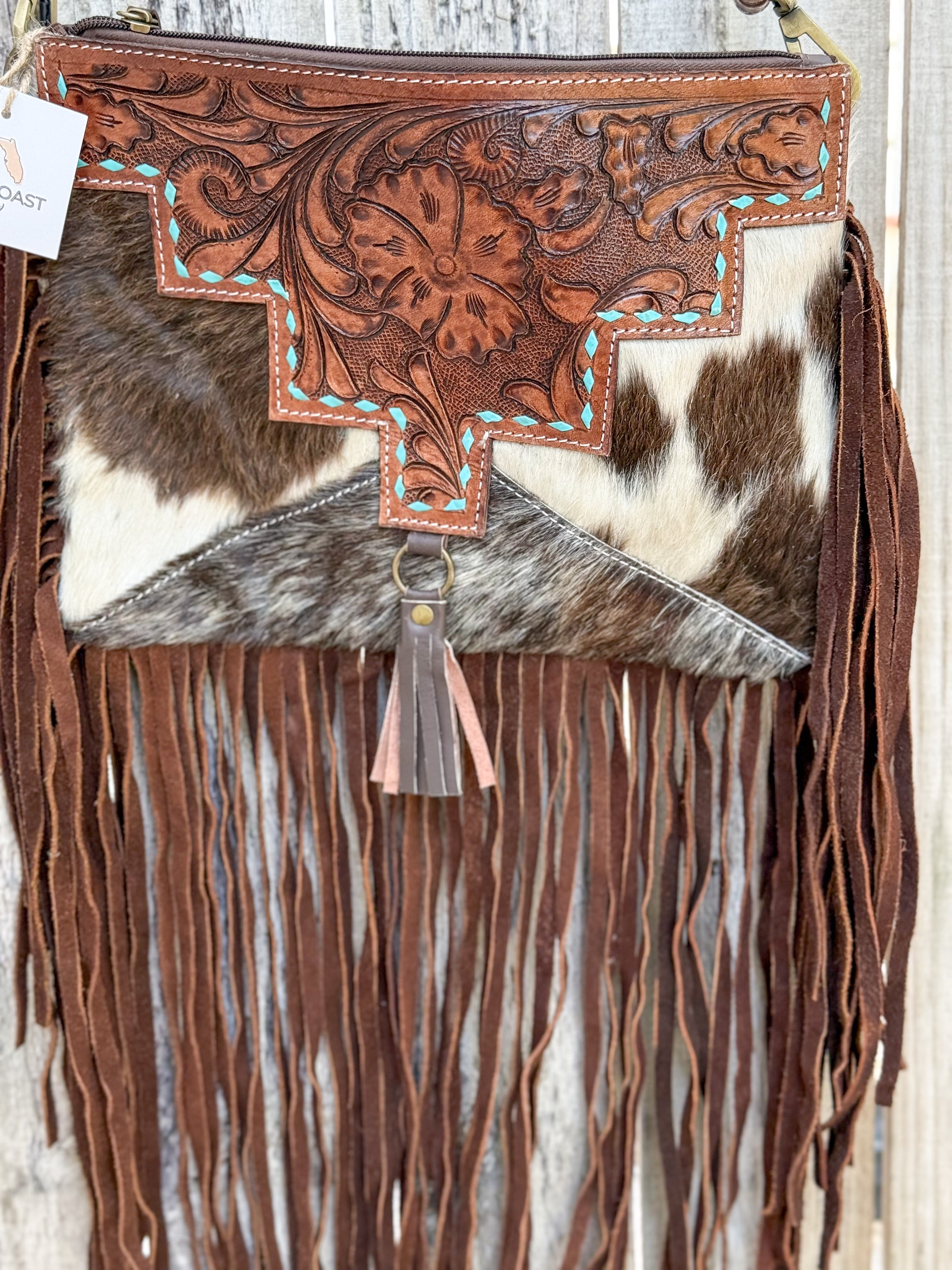 Southwestern Cowhide Fringe Crossbody Bag | Tooled Leather Western Purse