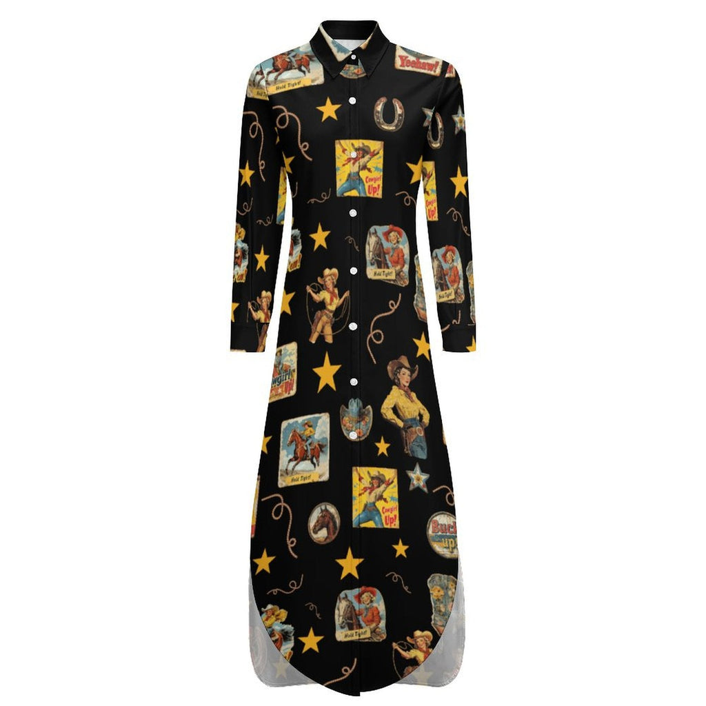 Baha Ranch Vintage Cowgirl Collage Western Button-Up Long Sleeve Shirt Dress Duster