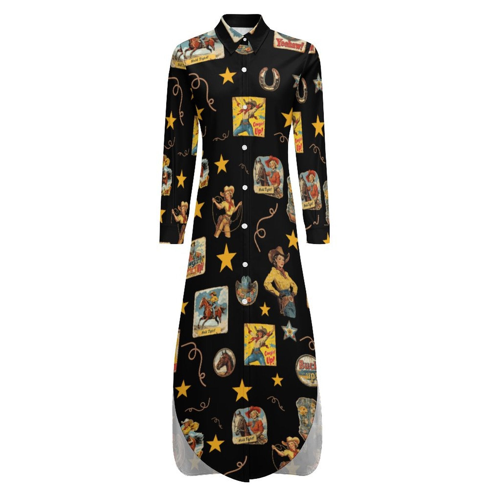 Baha Ranch Vintage Cowgirl Collage Western Button-Up Long Sleeve Shirt Dress Duster