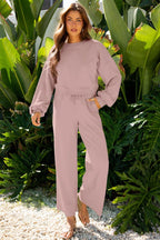 Solid Puff Sleeve Top and Drawstring Pants Set