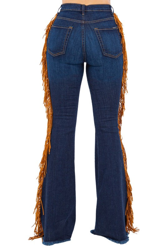 GJG Denim Fringe Bell Bottom in Dark Blue