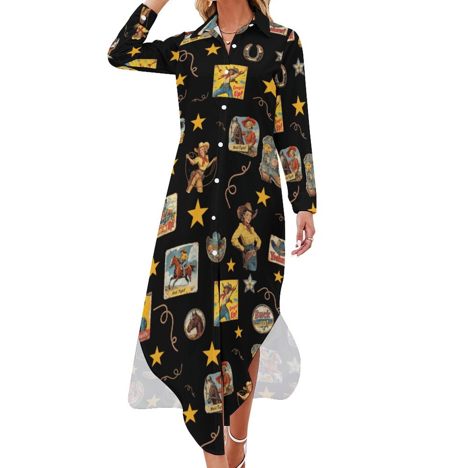 Baha Ranch Vintage Cowgirl Collage Western Button-Up Long Sleeve Shirt Dress Duster