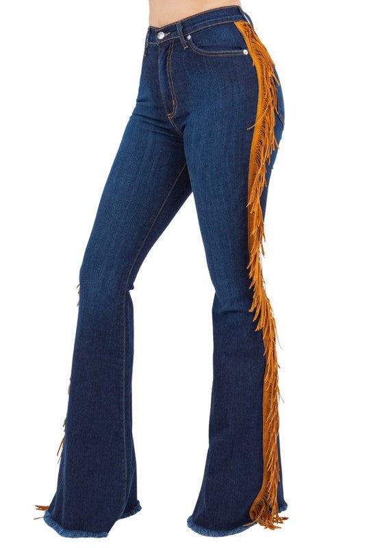 GJG Denim Fringe Bell Bottom in Dark Wash- 30 Inseam