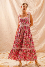 SO ME | Floral Ruffled Maxi Dress with Adjustable Ribbon Tie Straps
