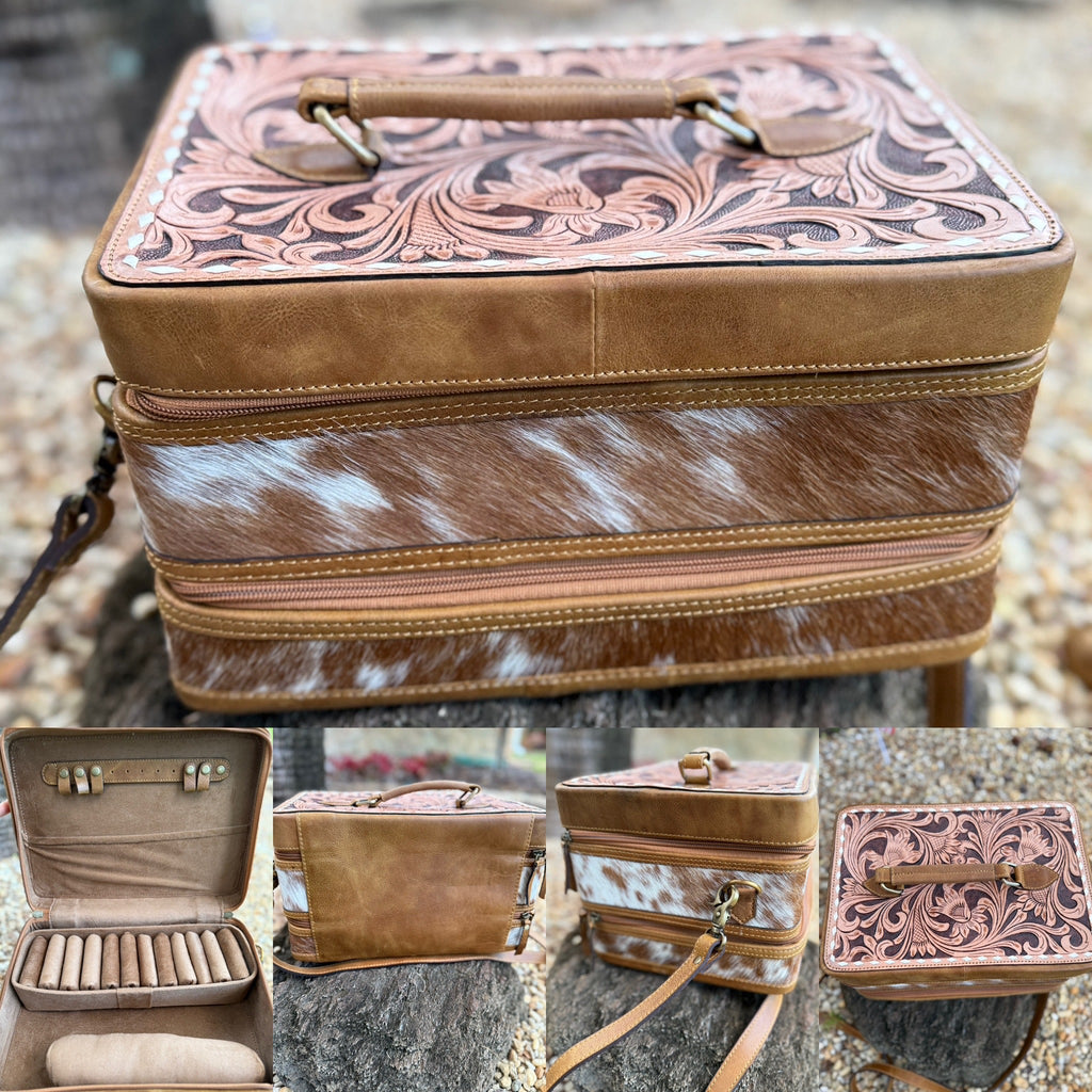 The Double Decker in Tan | Large Tan and White Cowhide and Tooled Leather Jewelry Case