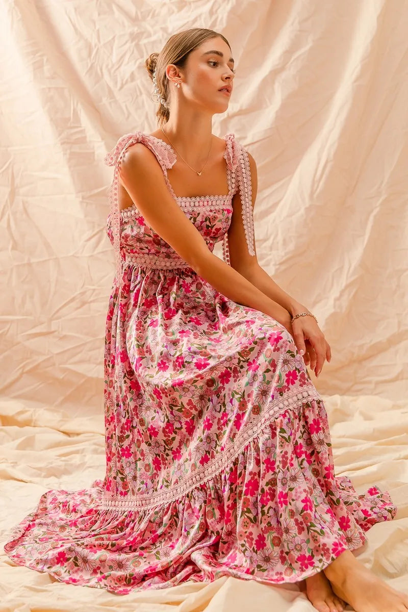 SO ME | Floral Ruffled Maxi Dress with Adjustable Ribbon Tie Straps