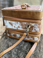 The Double Decker in Tan | Large Tan and White Cowhide and Tooled Leather Jewelry Case