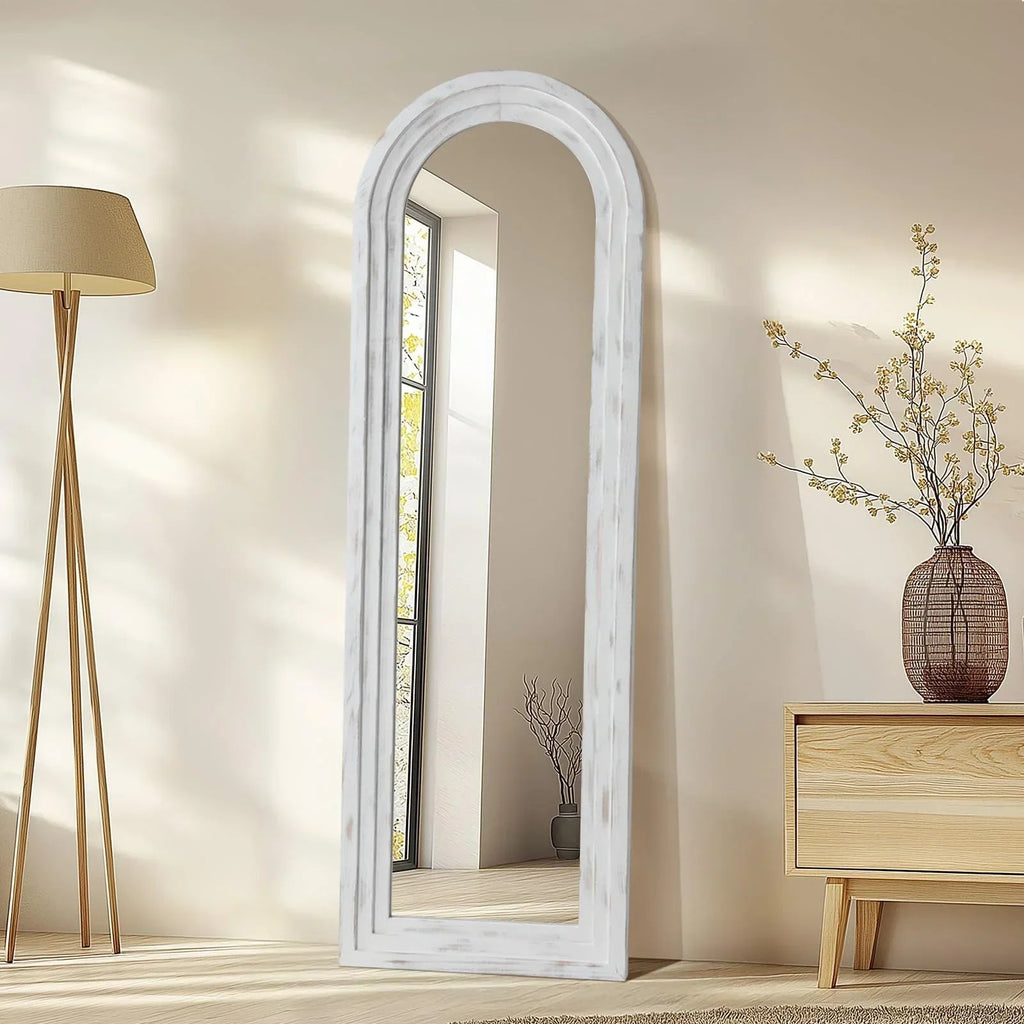 MELOMOIR Arched Full Length Mirror with Solid Wood Frame, Rustic Farmhouse Floor Mirror with Stand, Free Standing Leaning Hanging, for Bedroom Living Room Dressing Room