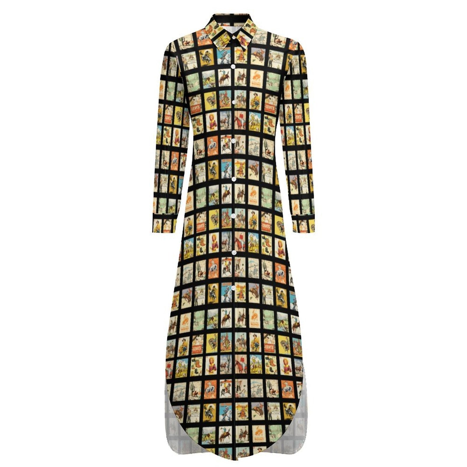 Baha Ranch Vintage Cowboy Collage Western Shirt Dress Duster