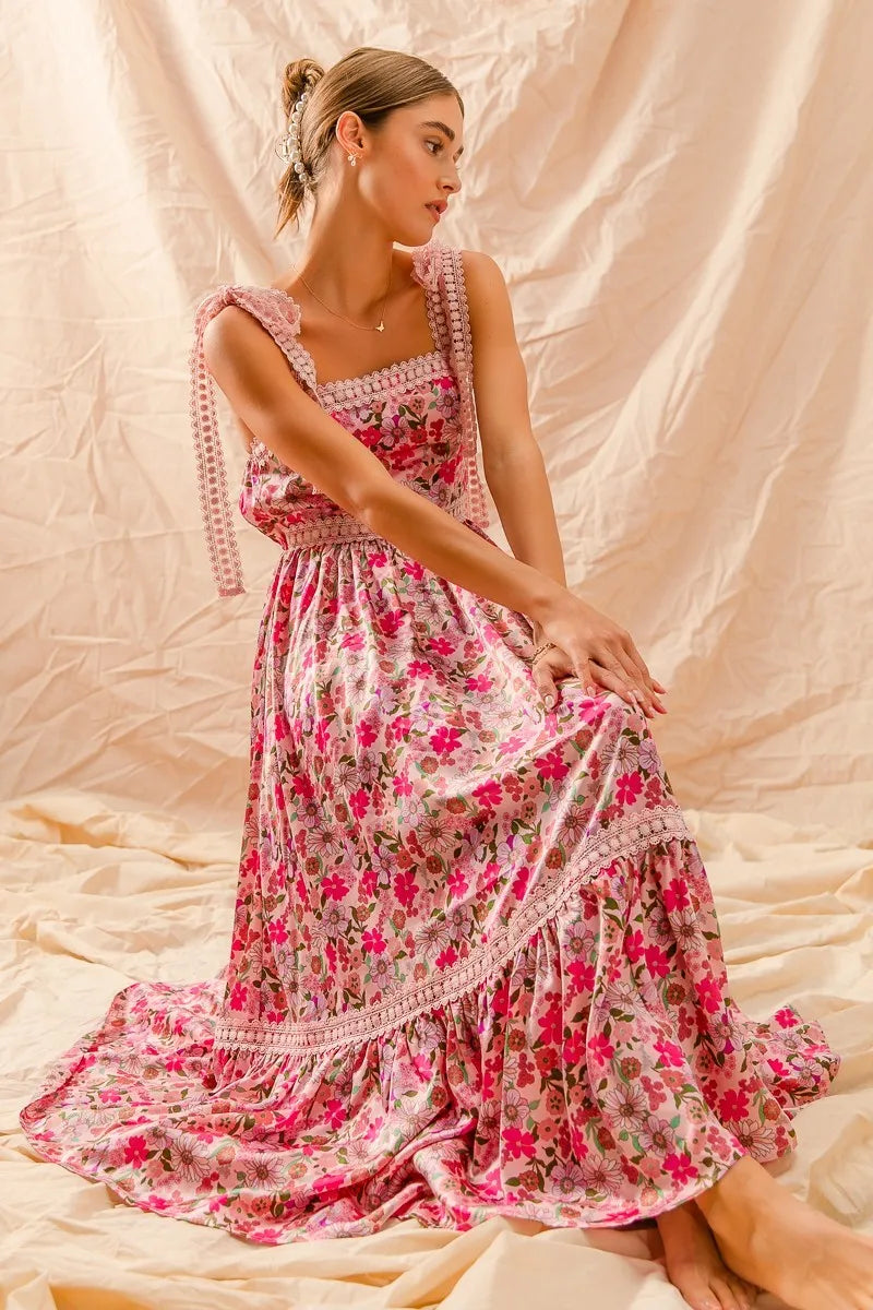SO ME | Floral Ruffled Maxi Dress with Adjustable Ribbon Tie Straps