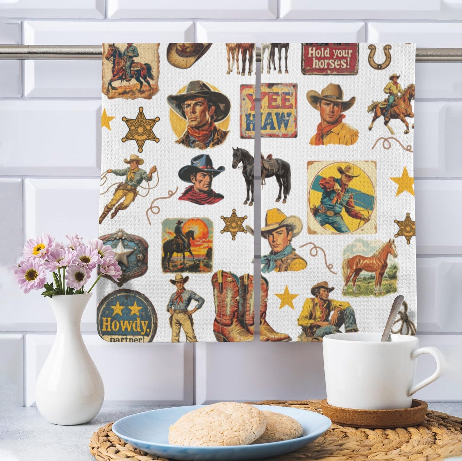 Vintage Cowboy Collage Dish Towel Set of 2 Made in America