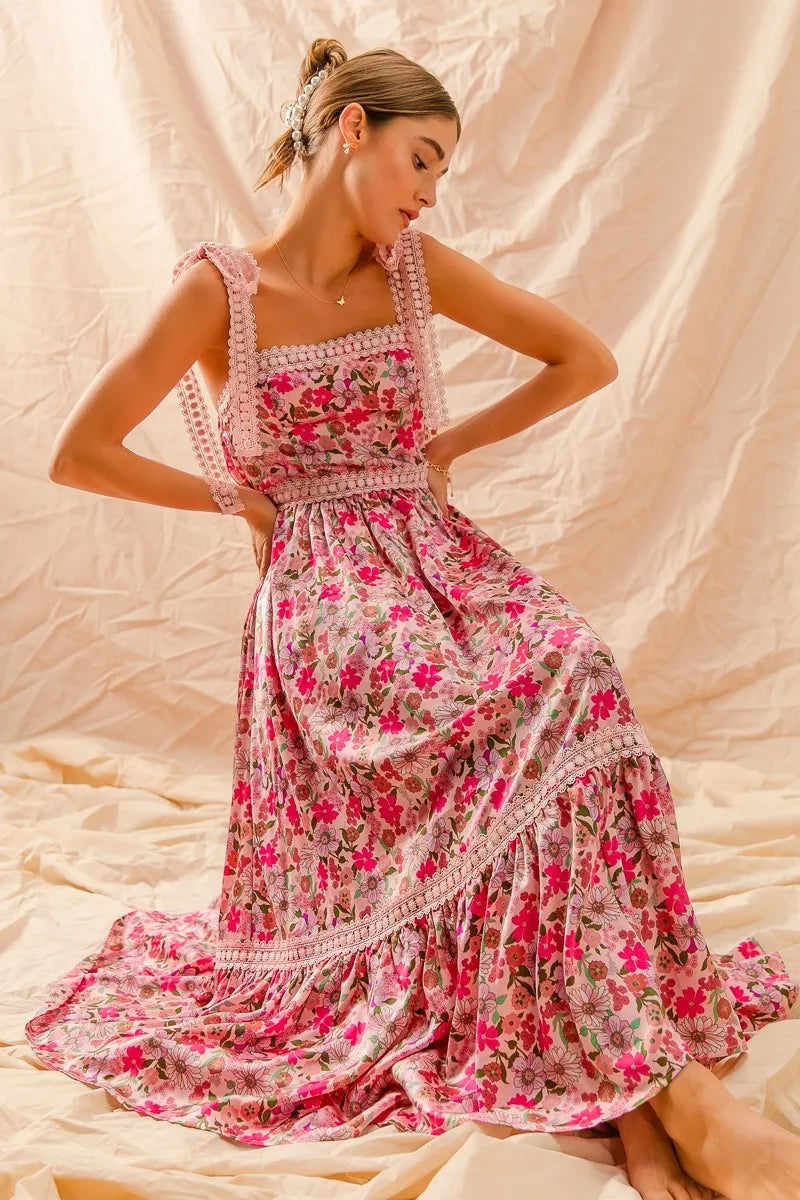SO ME | Floral Ruffled Maxi Dress with Adjustable Ribbon Tie Straps