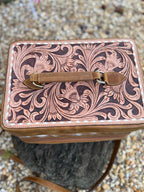 The Double Decker in Tan | Large Tan and White Cowhide and Tooled Leather Jewelry Case