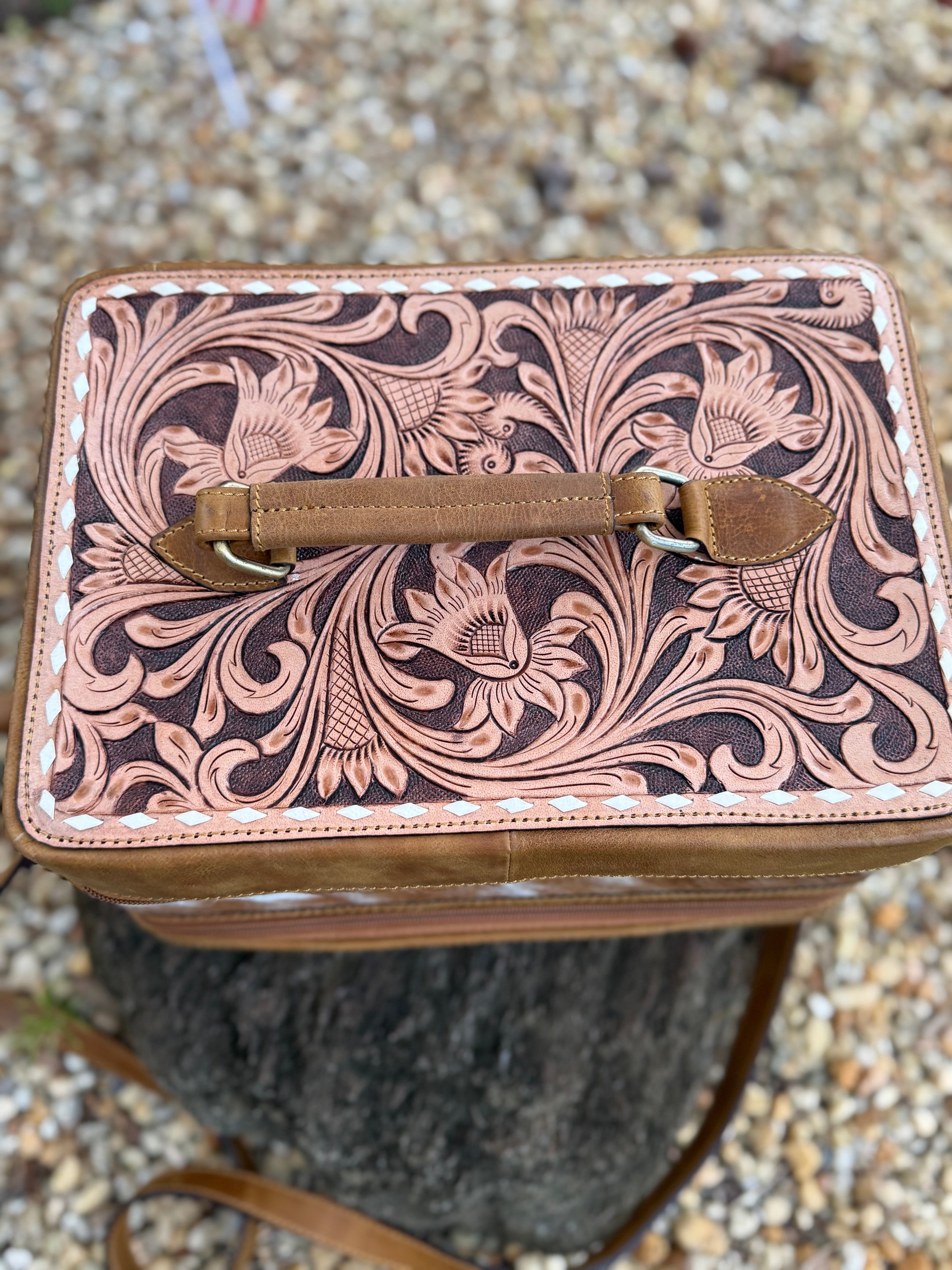 The Double Decker in Tan | Large Tan and White Cowhide and Tooled Leather Jewelry Case