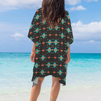 Baha Ranch Black Turquoise Orange Aztec Duster Kimono Coverup