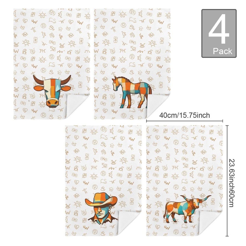 Set of 4 Minimalistic Cowboy Western Cattle Brands Kitchen Towels Made in America