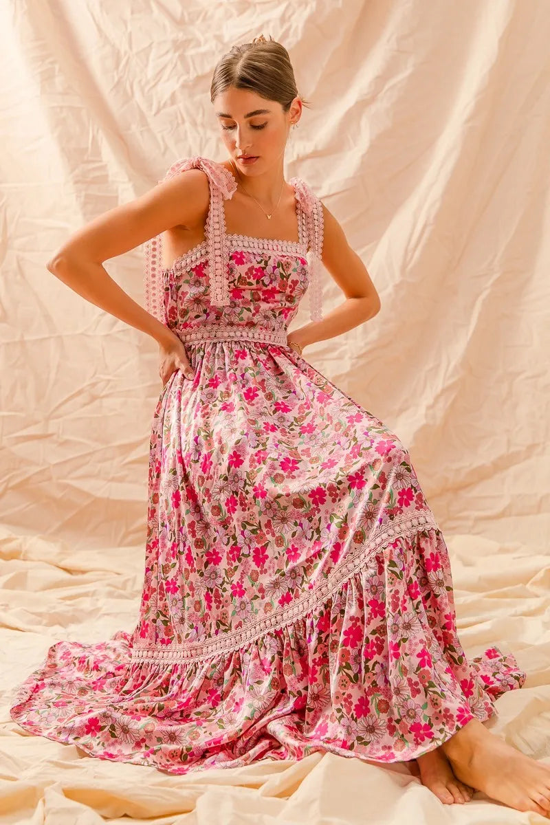 SO ME | Floral Ruffled Maxi Dress with Adjustable Ribbon Tie Straps